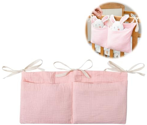 JCUGSBS Babybett Organizer, Kinderzimmer Hängender Bett Organizer mit 2 Taschen, Organizer Beistellbett Baby, Betttasche Spielzeugtasche,für Windeln Kleidung Spielzeug (rosa）