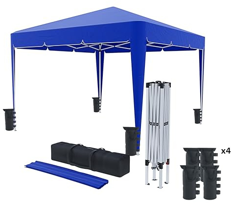 BRICOZONE Gazebo 3 x 3 M Pieghevole Idrorepellente Struttura Acciaio Copertura 160 gr/m² Con 4 Sacche Per Pesi E Sacca Di Trasporto Chiusura A Fisarmonica Da Giardino Campeggio Esterno Fiere (Blu)