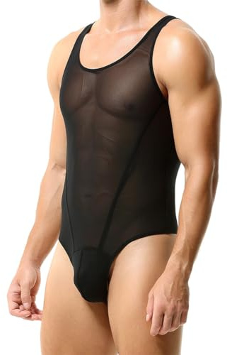 FYMNSI Men's Mesh Leotard Underwear Sexy Fishnet Fitted One Piece Sleeveless Romper Jockstrap Wrestling Singlet Bodysuit Jumpsuit Thongs Muscle Tops Undershirt Pajamas Sleepwear Nightwear Black L