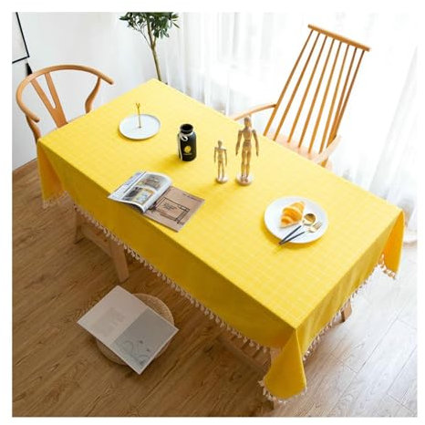 BCughia Tischdecke 140x180CM Gelb, Tischdecke Abwaschbar Antirutsch Rechteckig Baumwolle Leinen Stickerei Plaid mit Quasten Tischdecke für Küchentisch