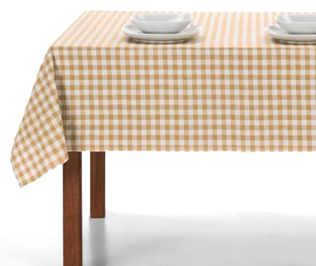 LAN&LAN Washable Checked Tablecloth with Fabric, Tablecloths High Quality Made, for Indoor and Outdoor Use (Beige, 140 x 300 cm)
