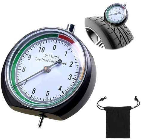Tyre Tread Depth Gauge, 0-11mm Round Tyre Pressure Dial Gauge UK in MM Measuring Rod with Pouch Professional Gauge Color Warning Value Display for Car Motorcycle Truck Bus Off-Road Vehicle MOT (Black)
