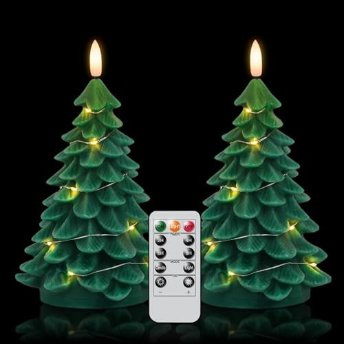 DRomance Candele a forma di albero di Natale, senza fiamma, con telecomando a 11 tasti e timer, confezione da 2 candele tremolanti a LED in vera cera verde con stoppino 3D tremolante, decorazione per