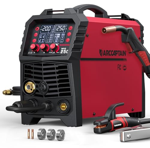 ARCCAPTAIN 250A MIG Welder, 110V 220V Gas MIG/Gasless MIG/Stick/Lift TIG/Spool Gun/Spot 6 in 1 Welding Machine Aluminum Welding Machine Professional Welder Machine with Large LED Display