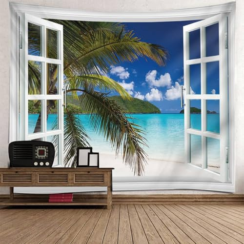 Mesnt Wandbehang Natur Bild Fensterblick, 150x130cm Fenster Küstenlandschaft Natur Landschaft Wandteppiche Wandtuch Deko Schlafzimmer | Blau Grün Weiß