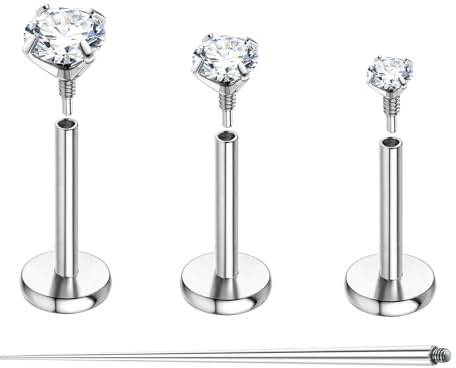BodyAce F136 Titan Ohrringe Flat Back Labret Stecker, Lang Innengewinde Lippenpiercing Conch Helix Rings, 16G 18G Nase Tragus Piercing Medusa Schmuck [1.2mm=16G,Länge:10mm]
