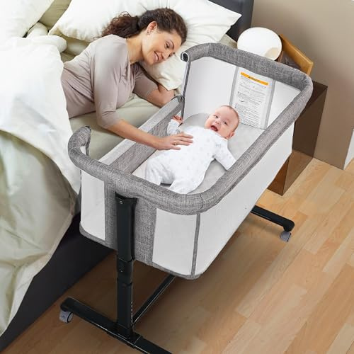 TODEFULL Baby Bassinet Bedside Sleeper, Bedside Bassinets for Baby, Newborn Bassinet Bedside Sleeper with Wheels, Full Breathable Mesh, 6-Height Adjustable, Lockable Wheels, Easy to Assemble