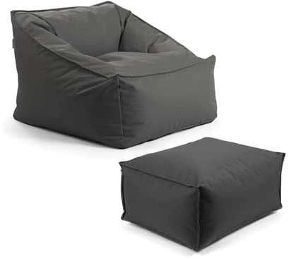 mokebo® Gartensessel mit Pouf 'Der Sunnyboy', Bean Bag mit Hocker und Füllung oder Outdoor Sitzsack, Gartenliege, als Liegekissen, Relaxliege oder Liege in Anthrazit