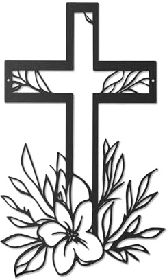 TELIMBIOZA Cross Metal Wall Art Decor | Floral Design Christian Crucifix | Rustic Wall Cross for Home Decor, Living Room, Bedroom, Church