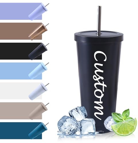 Thermobecher Personalisiert Mit Text,Edelstahl Trinkbecher Mit Deckel Und Strohhalm Spülmaschinenfest Für Kalte Heiße Getränke,Personalisierte Geschenke Für Freunde Und Familie (Schwarz, 750ML)