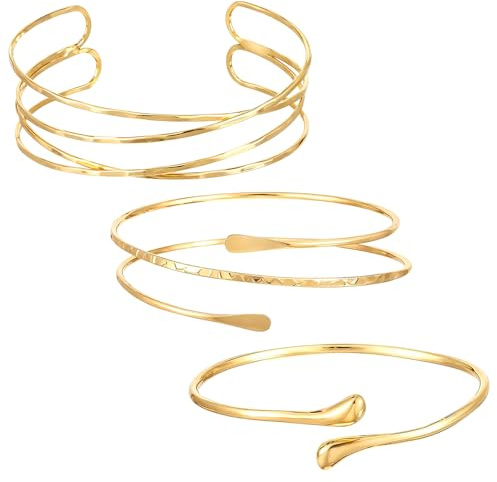 Telooco Oberarmreif Gold Armreif, 3 Stück Armreifen Gold Damen Armschmuck Boho Bracelet Spiral Armreif Oberarm Verstellbar Mehrschichtig Armspange Zarter Oberarmreif Geschenk für Frauen Mädchen