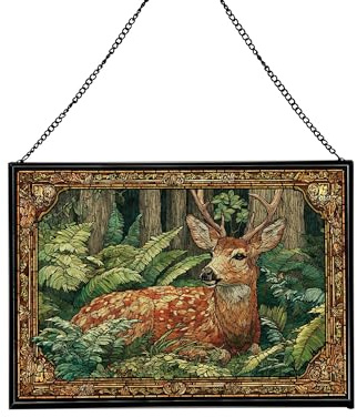 Deer Resting – Fern Glade Animal Stained Glass Suncatcher – Rectangular Hanging Window Panel with Artistic Nature Background – Wildlife Glass Art Gift for Animal and Nature Lovers xw7Sgi