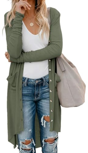 Fisoew Damen Langarm Strickjacke Lang Button Down Cardigan Knielang Open Front Strickpullover mit Taschen,Armeegrün,S