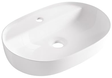 AQUAUNO - Lavabo da appoggio LANA 61,5 x 41,5 cm, ovale, in ceramica bianca, con foro per rubinetto senza troppopieno, in ceramica sanitaria