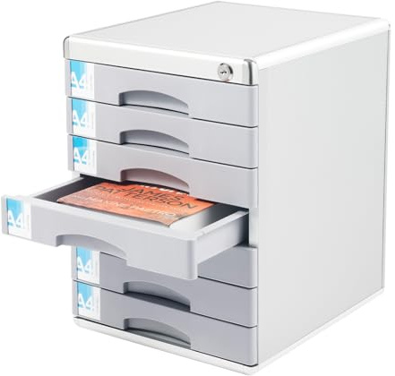 Abschließbare Schubladenbox Schreibtisch, 7 Fächer Metall Dokumenten Aufbewahrungsbox mit 2 Schlüssel, Beschriftbare Schubladenkasten um Dokumente Büropapier (Max Din A4) Visitenkarten, 30x36x40.5cm