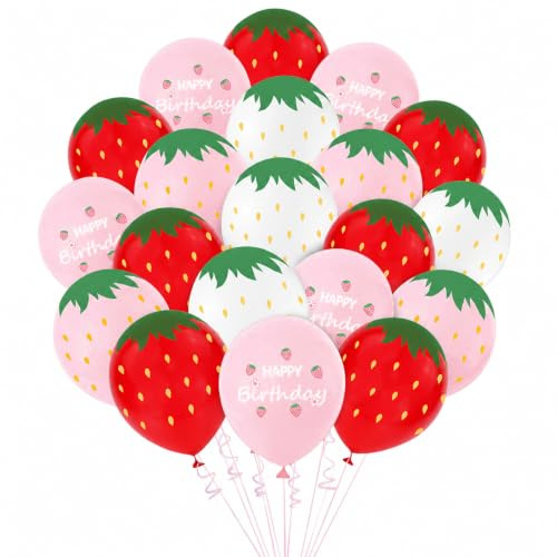Fesnova 20 palloncini a forma di fragola in rosa, rosso e bianco | 20 palloncini in lattice con motivi di fragole, palloncini con frutta per compleanno, festa estiva, decorazione per feste con