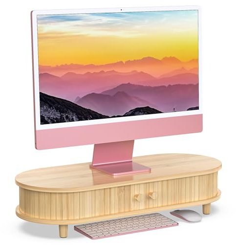 WELL WENG Monitorständer im geschwungenen Design aus Holz | 64.4x26.4x14cm Bambus Bildschirmerhöhung mit Schiebetüren Bildschirmständer Aufbewahrungsregal für den Schreibtisch