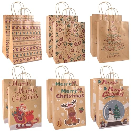 Joxessaien Geschenktüten Weihnachten mit Henkel – 12 Stück Kraftpapier Geschenkbeutel mit Weihnachtsmotiv, Weihnachtliche Tragetaschen für Geschenke, Mitbringsel, Party & Deko