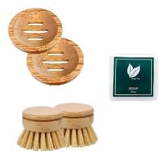 Wooden Kitchen/Bathroom Dish Washing Brushes and Soap Dishes Set of 4, With Green Tea Soap.