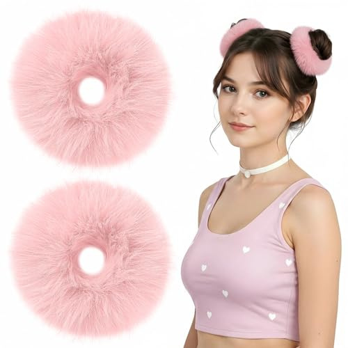 Lusofie 2Pcs Mist Pink Pompom Hair Tie, Furry Faux Rabbit Fur Fuzzy Scrunchies, Mist Pink Fuzzy Hair Ties Baby Hairs Ties Ponytail Holders Pom Accessories for Girl Women