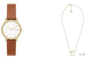 Skagen Damen Signatur Lille Braune Lederuhr und Goldfarbener Edelstahl Geschenkset