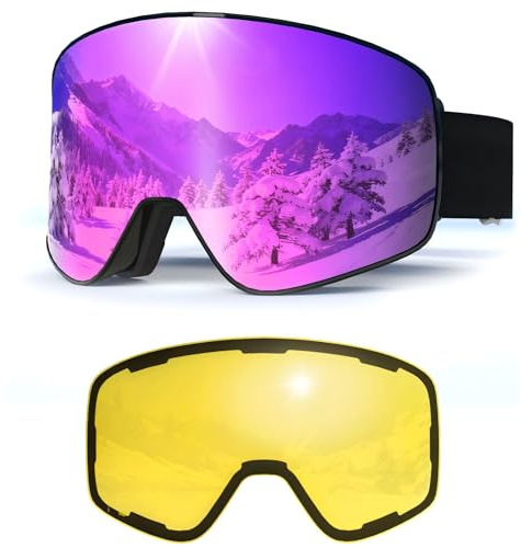 VCOROS Skibrille mit Wechselglas,YH212 Skibrille Magnetisch OTG für Unisex UV-Schutz Anti-Nebel Vollständig Plattiertes REVO Verstellbarer Rutschfester Riemen,Snowboard Brille (07-REVO Purple/Black)