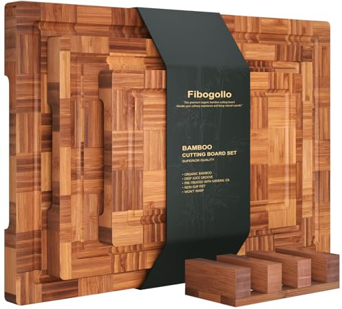 Fibogollo 3er Set Bambus Schneidebretter,2cm dicke Schneidebrett Küche mit Saftrille und Bracket,Brotbretter und Servierbretter,Bretter Kuche Groß Mittel und Klein