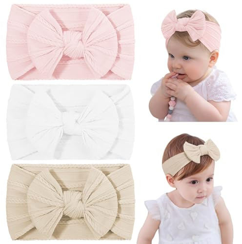 DiULi Pannband för flickor, 3 st rosetter elastisk nylon hårband för flicka, nyfödda, mjuka söta huvudbonader för bebisar (1-29-42)