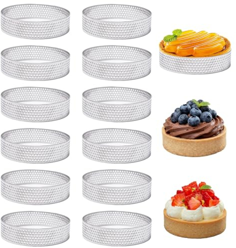 GANILITY Mousse Tartelettformar, 12 stycken, 6 cm rostfritt stål, dessertmousse, ring med hål, runda tårtringar, dessertringar med hål, för quike, muffins, bakverk