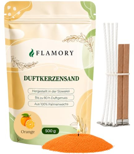 Flamory Kerzensand mit Duft Orange 500g, inkl. 6 Dochte, 80h Brennzeit | Pflanzlicher Duftkerzensand aus der Slowakei, ohne Paraffin, rußarm. Vegan und nachfüllbar. Kerzensand mit Docht und Duft.