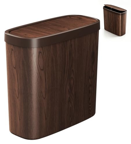 Chiziyixin 10L Slim Bathroom Bin with Touch Top Lid, Wood Grain Slimline Bedroom Bin, Plastic Dog Proof Narrow Waste Trash Can for Bathroom, Living Room, Kitchen, Toilet, Office, Laundry Room