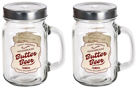 Elbenwald Gläser Set im Butterbier-Design für Harry Potter Fans 2 teilig 400 ml mit Deckel in Geschenkverpackung