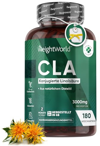 CLA 3000mg par Jour, Vegan - Source d'Omega 6 Acides Gras Essentiels - 80% Acide Linoléique Conjugué 180 Gélules Pour 2 Mois - Issu d'Huile de Carthame Alternative à L Carnitine, Fabriqué en UE