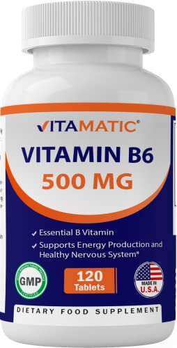 Vitamatic Vitamin B6 (Pyridoxine HCI), 500 mg 120 Vegetarian Tablets - Promotes Energy Production, boosts Metabolism and Immune Health Support