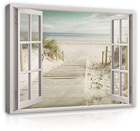 WallArena - Leinwand Bilder - Fensterblick Meer Strand Landschaft Fenster - 100x75 cm Leinwandbilder Bild auf leinwand Wandbild XXL groß Wandbilder für Wohnzimmer Schlafzimmer Wohnzimmerbilder Modern