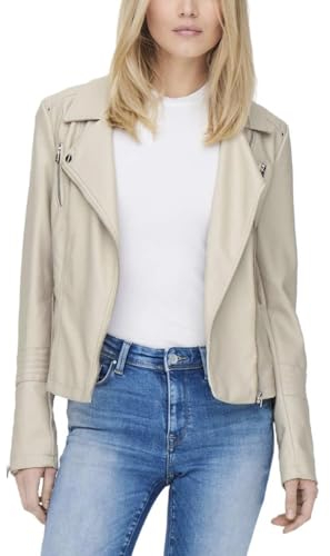 ONLY Damen Biker Kunstleder Jacke | Langarm Shacket Übergangs Blazer | PU Coated Shirt ONLGEMMA, Farben:Beige, Größe:38