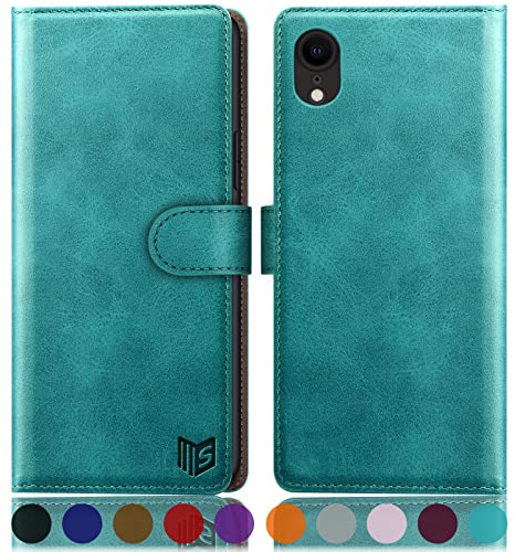 SUANPOT [RFID Schutz für iPhone XR 6,1-Zoll hülle PU Leder handyhülle Lederhülle klapphülle Kartenfach Flip Phone Case Cover für iPhone XR handyhülle Blau Grün