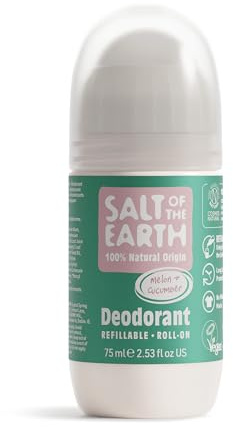 Natural Deodorant Roll On by Salt of the Earth, Melon & Cucumber - Refillable, Vegan, Long Lasting Protection, Leaping Bunny Approved, Made in the UK - 75ml