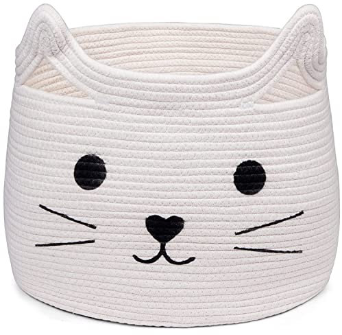 Wäschekorb Geflochten Kinder, Ranedo Katze Baby Spielzeug Aufbewahrungskorb mit Griffen, Waschekorb Geflochten Kinder Katze, Kinderzimmer Aufbewahrungskorb Baumwolle Weiß (35 x 30 x 32 cm)