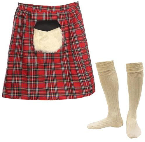 Skotsk kostym tillbehörsset – röd tartan kilt med bifogade sporran och grädde kilt-strumpor – Scotland Burns Night St Andrews Day maskeraddräkt tillbehör set