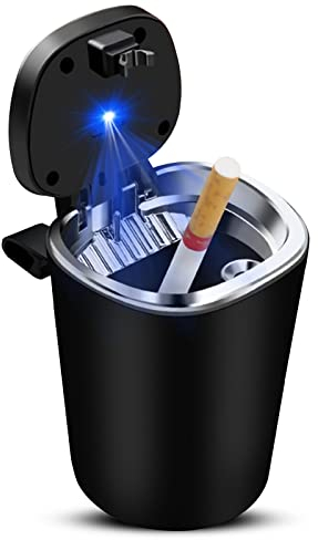 Kytpyi aschenbecher auto, auto aschenbecher mit deckel, Edelstahl-Aschenbecher mit LED-Licht, leicht zu reinigender, abnehmbarer Auto-Aschenbecher, Aschenbecher für Auto, Wohnzimmer, Büro (Schwarz)