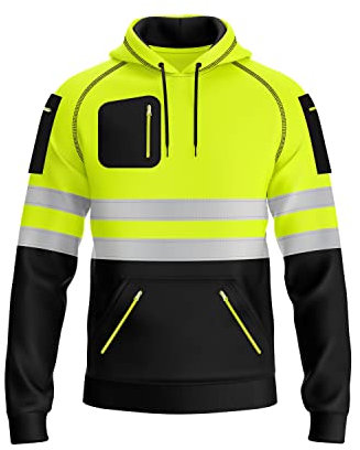 mymixtrendz Mens Hi Vis High Visibility Work Wear Safety Hoodie Reflective Tape Multi Zipper Pockets Pullover Hooded Sweatshirt Top