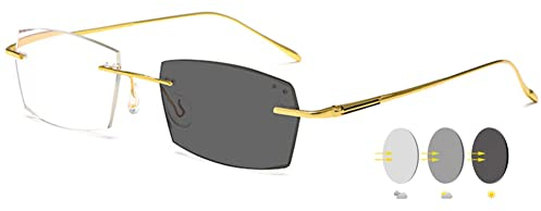 VEVESMUNDO Selbsttönende Lesebrillen Blaulichtfilter Metall Randlos Photochrome Herren Damen Sonnenlesebrille mit Sonnenschutz (1 Stück Gold Photochrome Brille, 0)