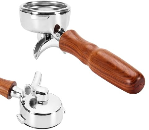 DIBTSA 58mm Espresso Portafilter Compatible with Nuova Simonelli,Double Spouts 2 Ears, with Stainless Steel Head and Filter Basket and Wood Handle