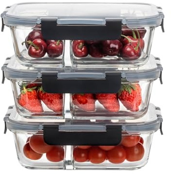 HOUSZY 2 Compartment Glass Meal Prep Container Set, Pack of 3 with Airtight Snap-Lock Lids, Portion Control Food Storage, BPA-Free, Microwave, Dishwasher and Oven Safe