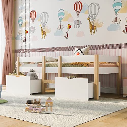 HAINEW Kinderbett 90×190cm Mit Rausfallschutz und Zwei Schubladen, Kiefernholz Holzbett für Jungen und Mädchen, Kinder Einzelbett, Kinder Hochbett, Weiß & Eiche