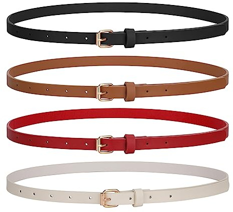 LEACOOLKEY 4 Stück Skinny Damen Ledergürtel für Kleider Dünner Taillengürtel für Jeans Hosen mit Goldschnalle
