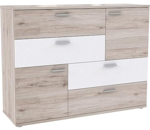 möbelando Sideboard >Saxe< in Sandeiche/Weiss - 125x95,9x41,3cm (BxHxT)