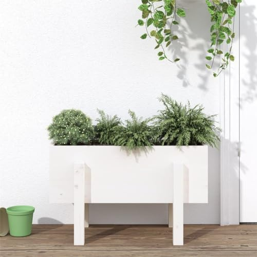 CIADAZ Jardinière Blanc 62x30x38 cm Bois Massif de pin,Jardiniere sur Pieds,Bac avec Treillis,Jardiniere Terrasse