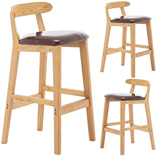 Hohe Barhocker aus Holz, Esszimmerstühle, 2er-Set, mit Sitz aus PU-Leder, ergonomische Rückenlehne und Fußstütze aus massivem Holz, 6 Farben (Größe: 72 cm, Farbe: Braun)